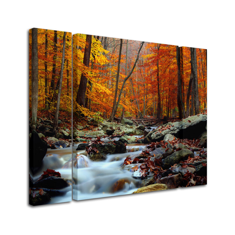 Autumn Stream Scenic Three Panel Framed Canvas Art