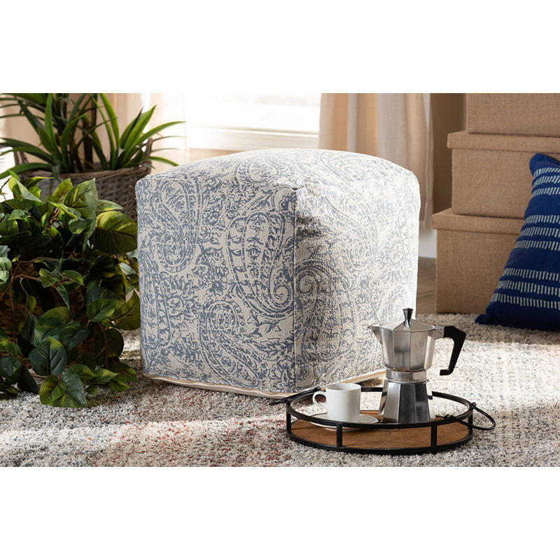 Ganae Upholstered Pouf, Grey/Blue Print