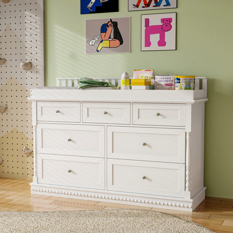 Commode à langer 7 tiroirs avec anti-basculement, Blanc