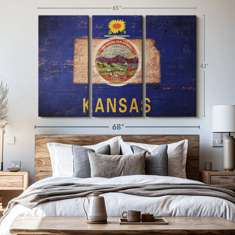 Carte "State Map Over Kansas Flag Canvas Print" sur, H 42 po x l 65 po x P 1,25 po