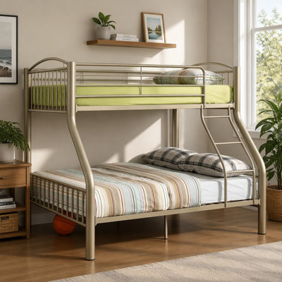 Twin Over Full Metal Bunk Bed Attached Ladder Metallic Gold Finish Contemporary Bedroom Furniture