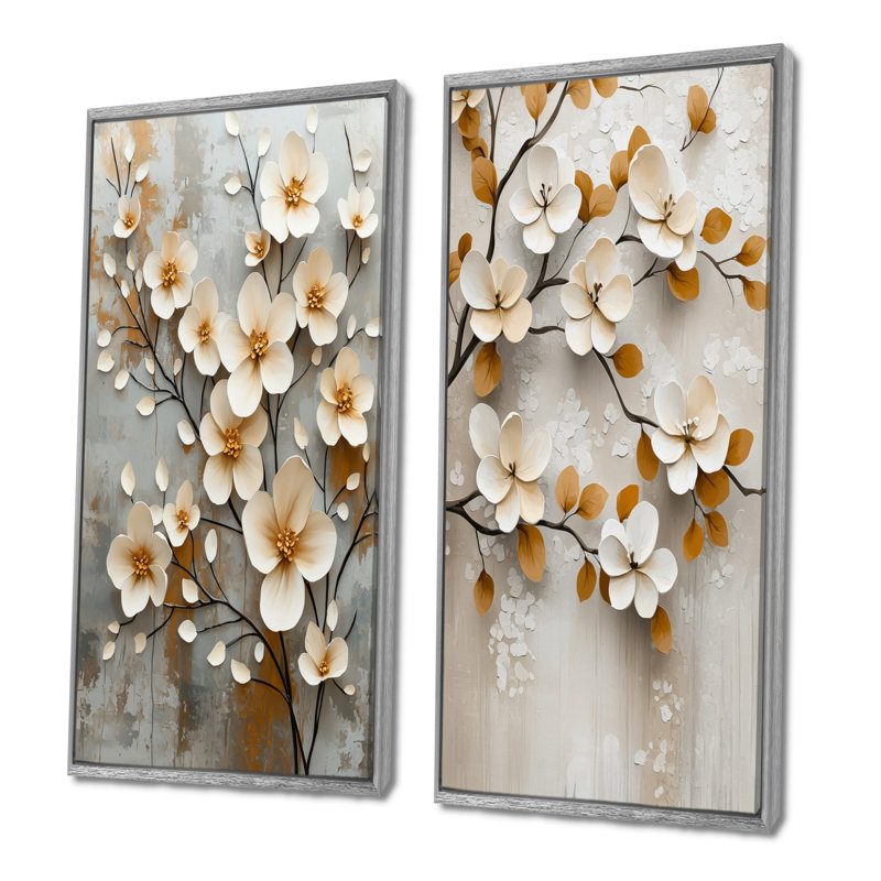 Ensemble d'impressions botaniques blanches et beige I - fleurs de cerisier 2 pièces, Argent argent, H 28 po x l 24 po