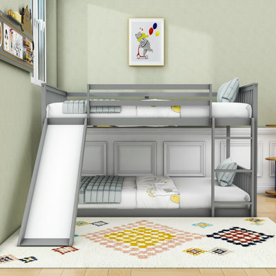 Full Over Full Wood Bunk Bed With Built-In Slide, Guardrails & Ladder