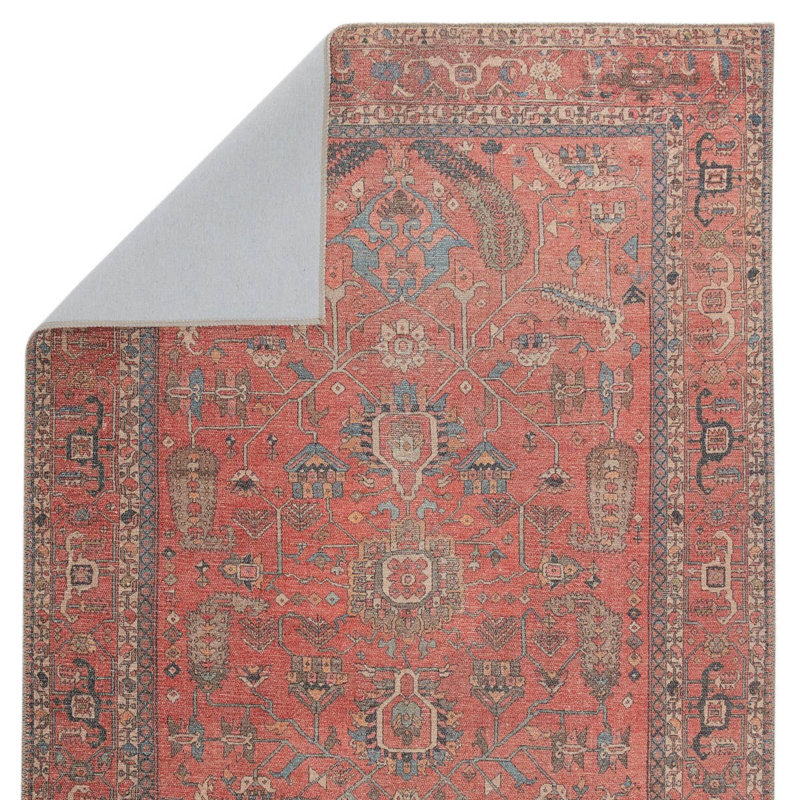 Machine Washable Red Oriental Cotton Synthetic Area Rug 6' x 9'