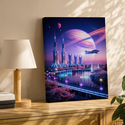Canvas A Vibrant Futuristic Cityscape At Twilight Featuring Towering Skyscrapers With Wall Art Sleek Reflective Surfaces And Neon Canvas Wall Art