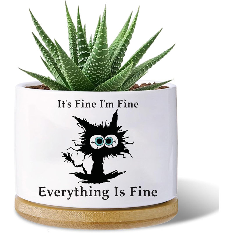 Black Cat Ceramic Planter Cute Pot With Drainage & Saucer