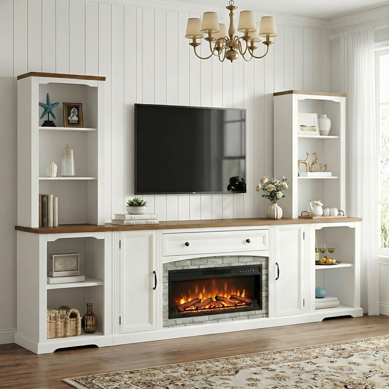 3-Piece Farmhouse Entertainment Center with Electric Fireplace Mantel, Walnut TV Stand for TVs Up to 70" with Storage & Bookshelves