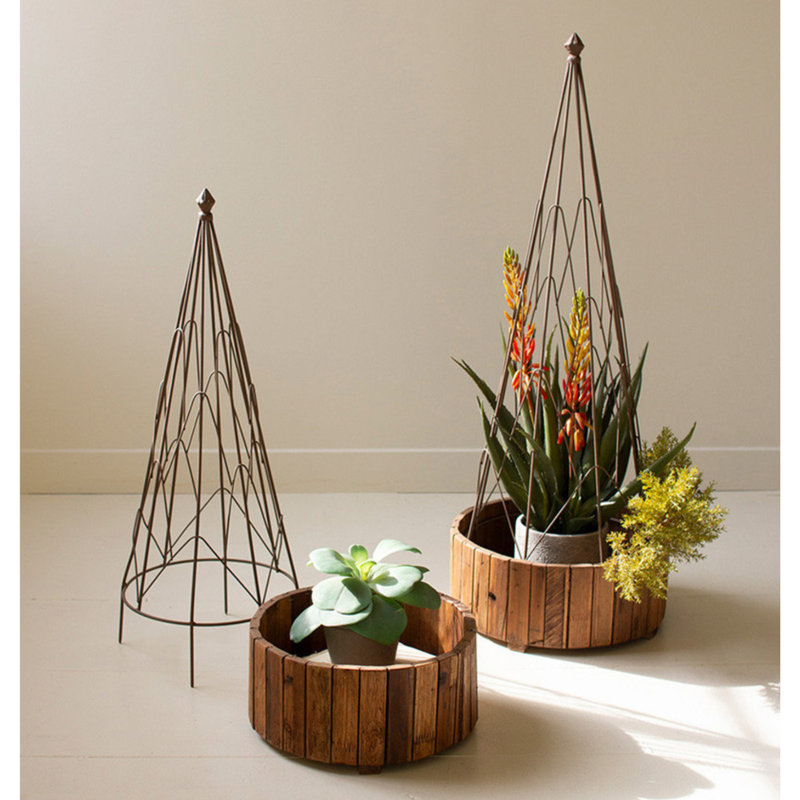 SET OF TWO METAL TOPIARIES WITH RECYCLED WOOD BASES
