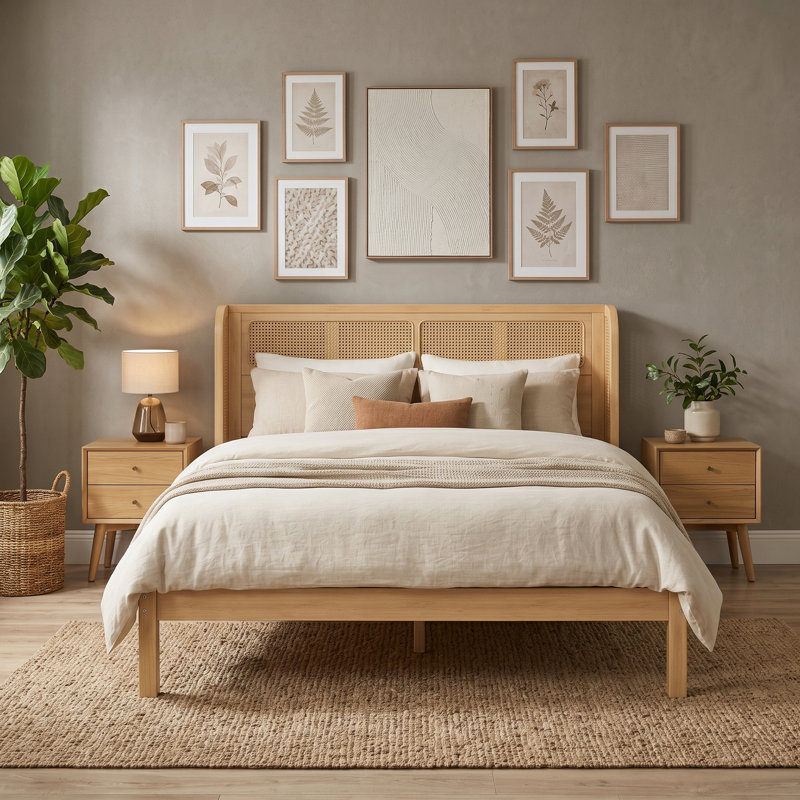 Lit plateforme en bambou Tranquilweave avec tête de lit en rotin tissé, Naturel