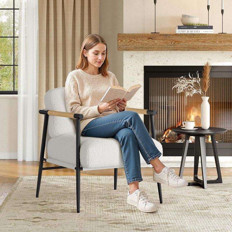 Comfy Chair, Modern Accent Chair with Metal Frame, Cozy Reading Chair with Soft Cushion & Wood Armrest for Bedroom, Living Room