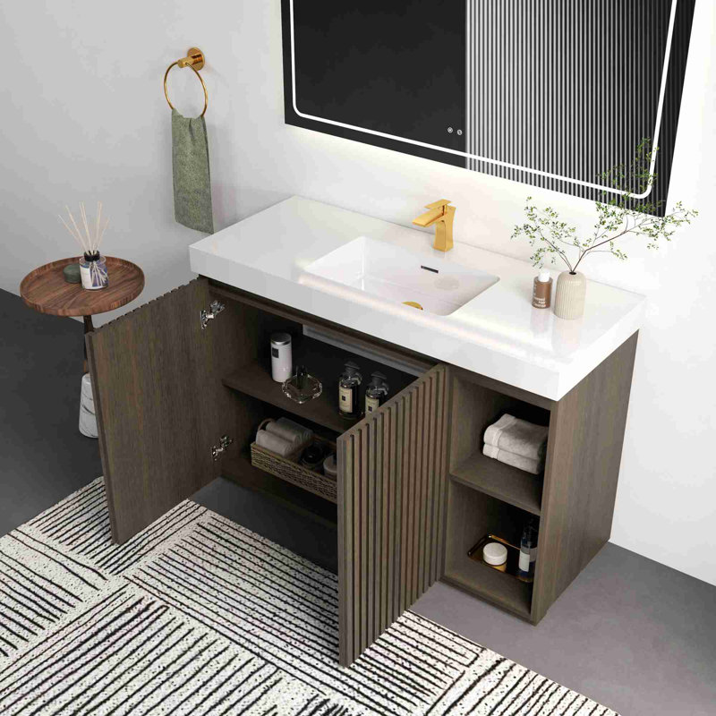 Meuble-lavabo de salle de bain avec lavabo, Blanc, Chêne / fumée