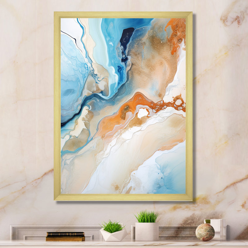 Encre liquide bleue et blanche Geyser IV - reproduction sur toile, Cadre doré simple, H 32 po x l 16 po x P 1 po