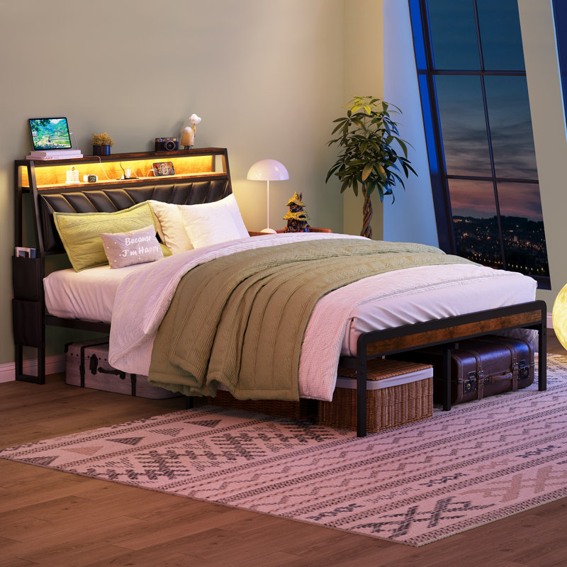 Queen Size Platform Bed Frame With 105-Degree Tilted Upholstered Headboard, Charging Station, LED Lights, Noiseless, Black And Brown