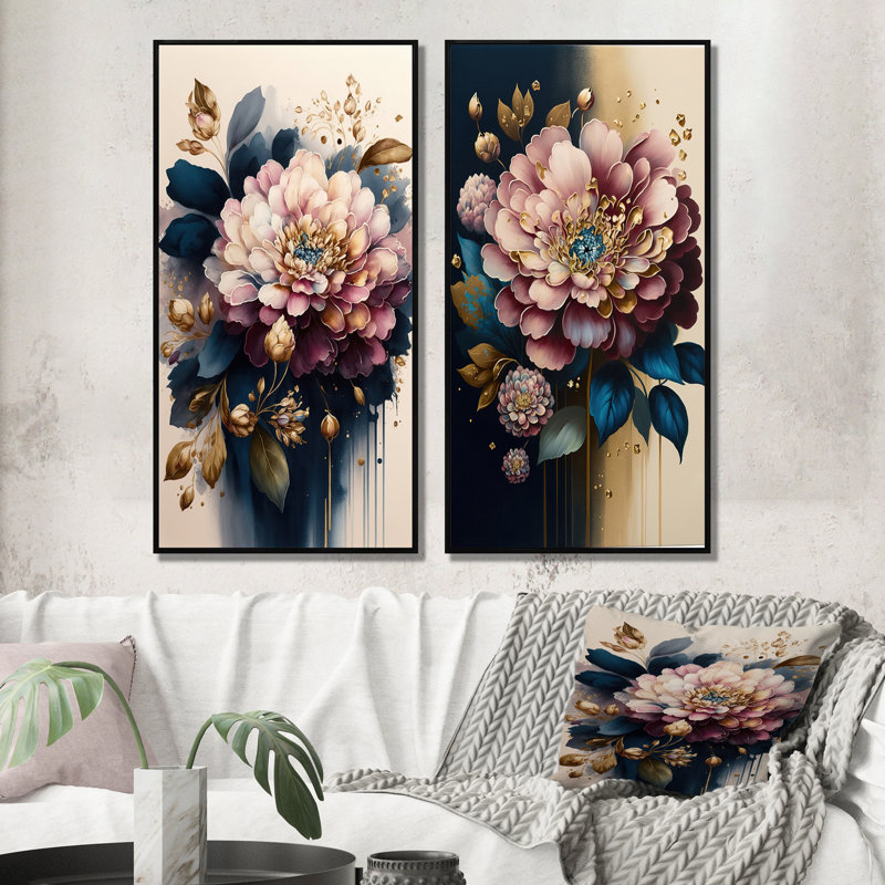 «Zinnia rose et mauve foncé», 2 pièces sur toile, Cadre noir, H 32 po x l 32 po