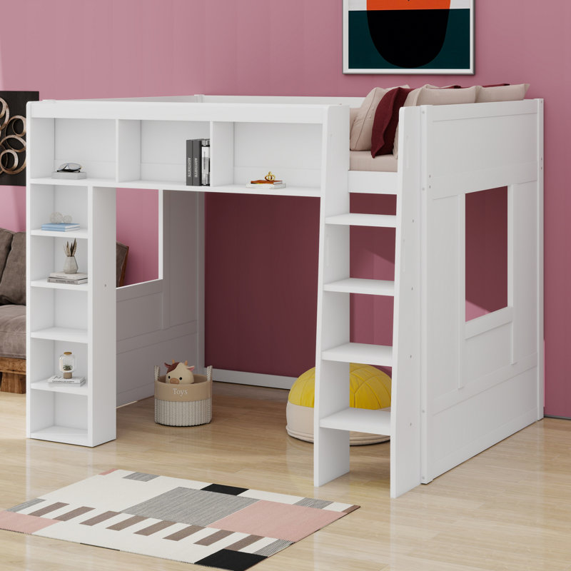 Lit mezzanine en bois avec tablettes de rangement, Blanc