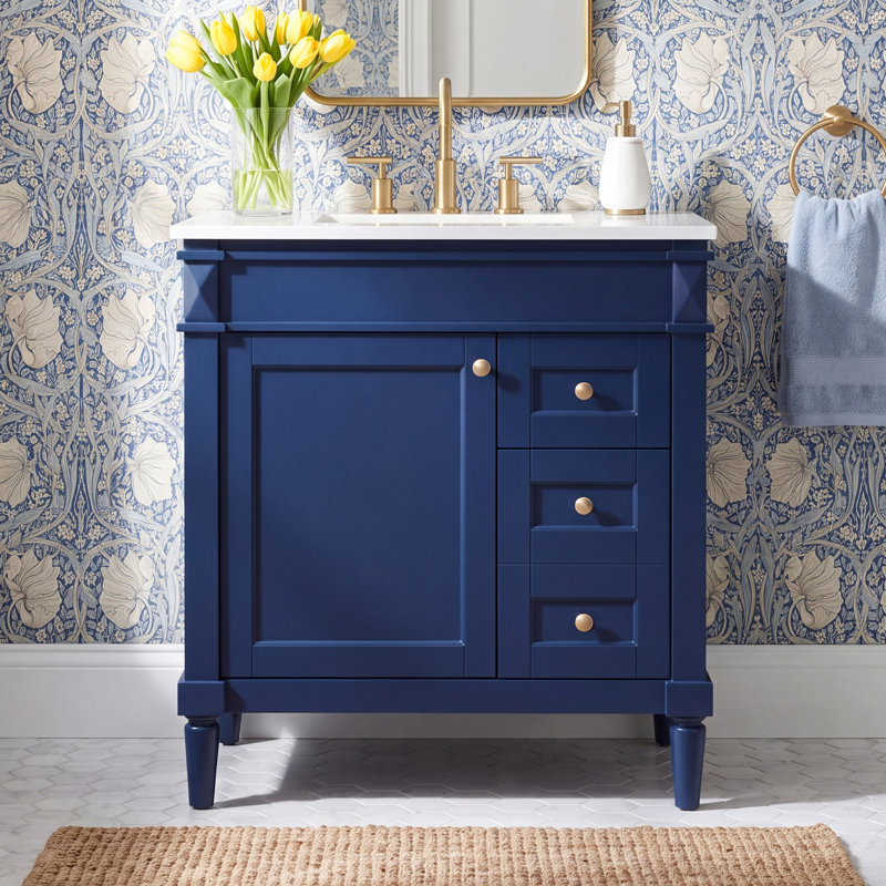 Readington 32 " W Freestanding Standard Free Standing 1 Single Vanity Bathroom Vanity With Engineered Marble Top, Blue