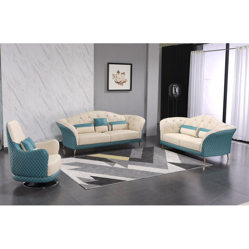 Amalia Loveseat, White/Blue Genuine Leather