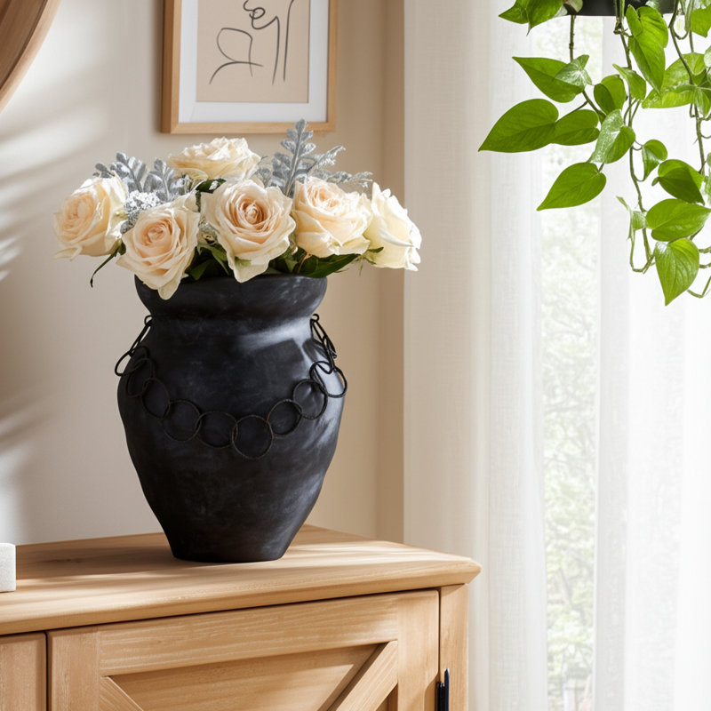 Decorative Pottery Terracotta Vase with Ring Accent Detail, Handcrafted Versatile Modern Casual Home Display Piece for Shelf or Tabletop Styling in Rustic and Contemporary Interiors