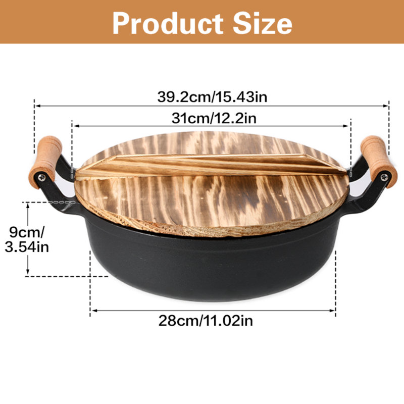 Cocotte en fonte épaisse et robuste avec couvercle en bois et double poignée ; construction durable en fonte, idéale pour de multiples préparations culinaires comme les mijotés, les braisés et les fritures ; fond plat non revêtu : un ustensile de cuisine pratique et indispensable.