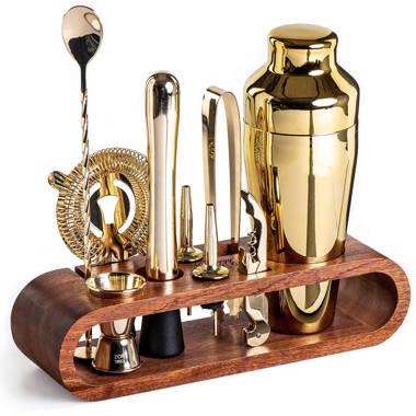 Oak Mixology Bartender Kit - Extra Thick Stainless Steel Cocktail Shaker Set - Includes XL Boston Shaker & Premium Bamboo Stand - Complete Barware Too