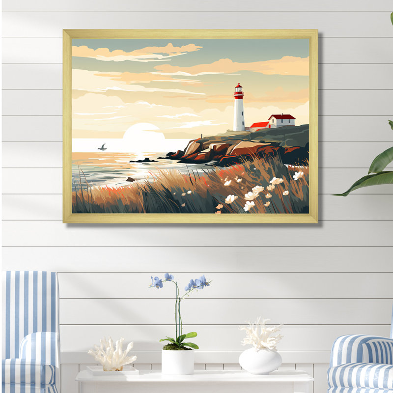 «Coastal Light House Scenery Minimali 7F63801D», reproduction sur toile, Cadre doré simple, H 34 po x l 44 po x P 1,5 po
