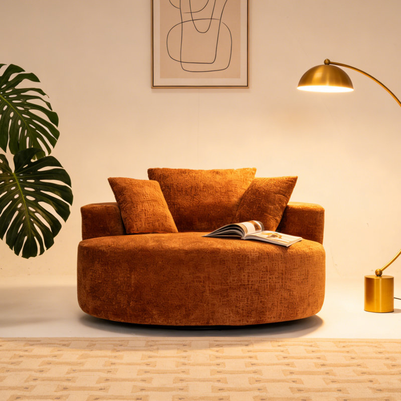 Oversized Barrel Accent Swivel Chair– 55" Waffle Chenille, Compression, Orange
