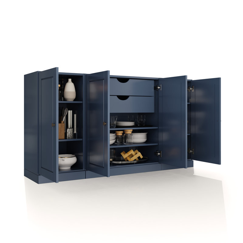 Buffet 100% bois massif 65 "avec portes solides, 2 tiroirs et tablettes réglables, Bleu antique