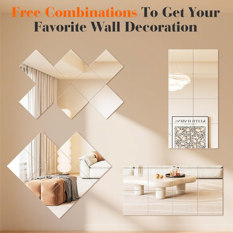 12 Piece Frameless Full Length Wall Mirror, 12' x 12', 12Pcs