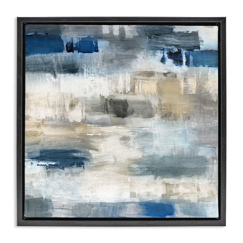Neutres et bleu abstrait, Cadre flottant noir de jais, H 18 po x l 18 po