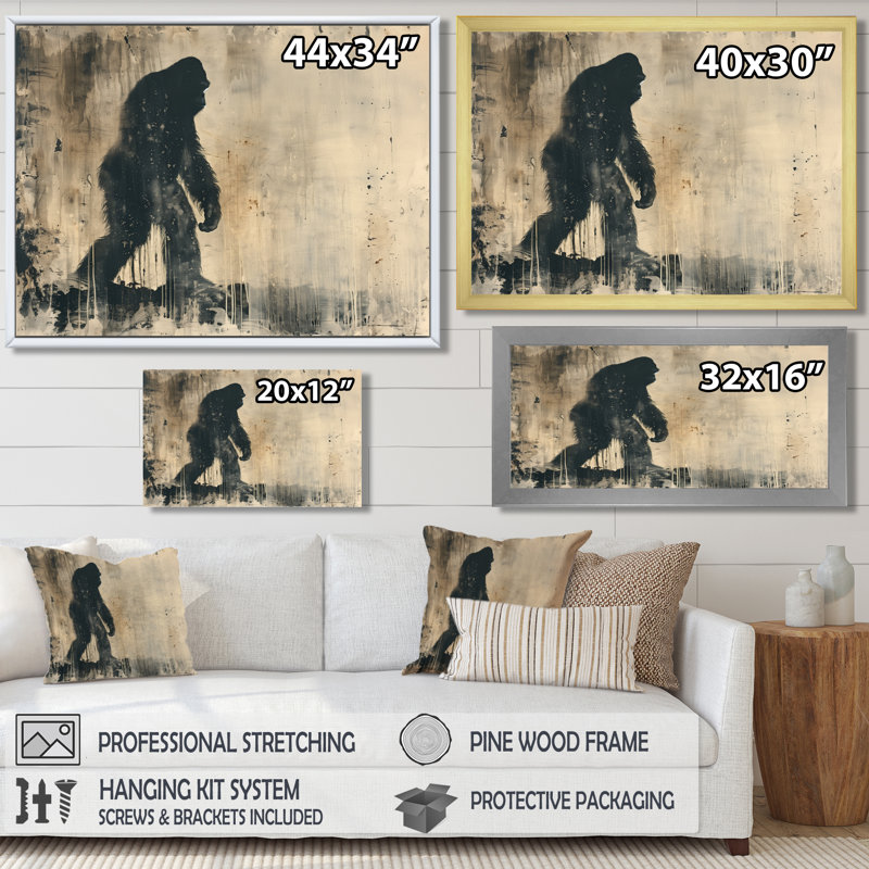 «Black Beige Shadow Silhouette Bigfoot», impression d'art mural Bigfoot, Toile encadrée noire simple