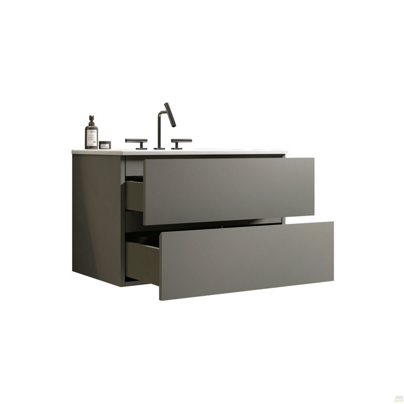 Meuble-lavabo mural gris de 30 po avec lavabo en céramique et trois trous de robinet, grand meuble-lavabo flottant de rangement pour salle de bain moderne, pré-assemblé