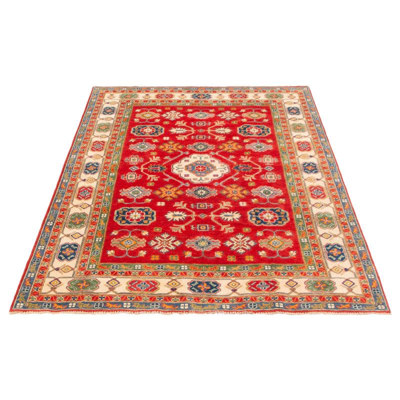 Tapis rouge / jaune en laine noué à la main de conception unique 6 pi 3 po x 9 pi New Age Okla