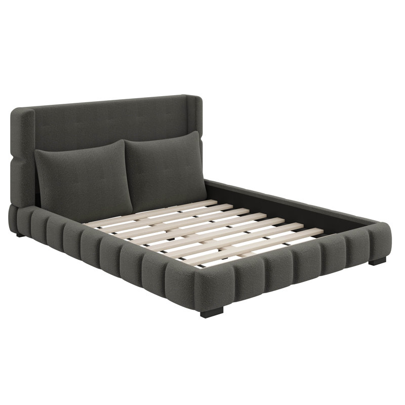 Upholstered Platform Bed With Wingback Headboard & 2 Pillows, Velvet Tufted Upholstered, Black, Queen