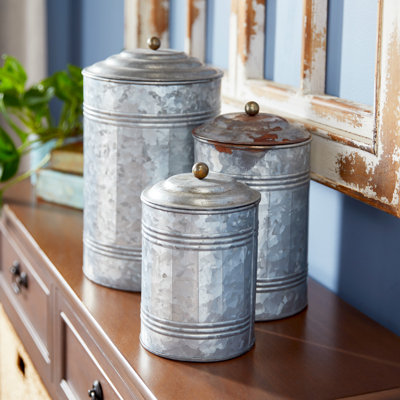 Costillo 3 Piece Gray Metal Decorative Jars with Lids Set, 12", 9", 8"H