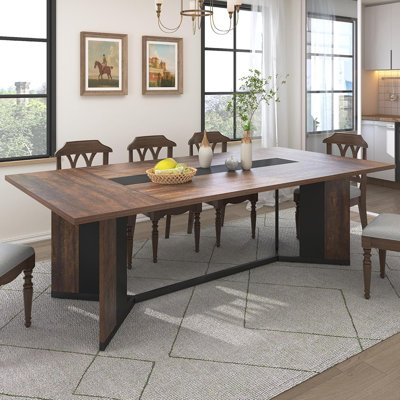 Table de salle à manger pour 8 personnes, table de cuisine rectangulaire brune moderne avec plateau en bois imperméable, longues tables de salle à manger avec pieds réglables et cadre en métal pour le salon de la cuisine, brun