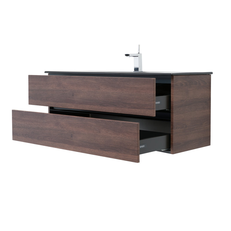Veneto 48″ Wall Mount Single Bathroom Vanity with Ceramic Top, Black, Dark Oak