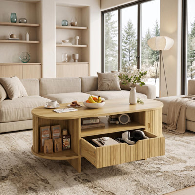 Table basse ovale rayée de 47,2 po x l 19,7 po x H 17,7 po avec plateau relevable, compartiment de rangement dissimulé et surface en mélamine facile à nettoyer pour les petits espaces d'appartements de salon, ton de bois