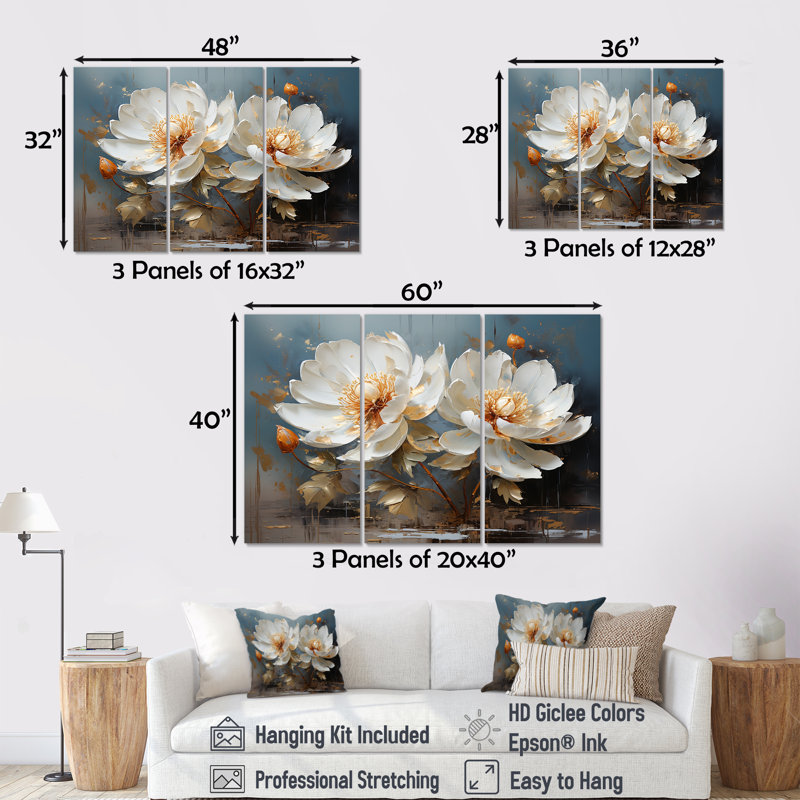 Fleurs de lotus baignées au clair de lune I - Ensemble de décoration murale Lotus, H 28 po x l 36 po x P 1 po