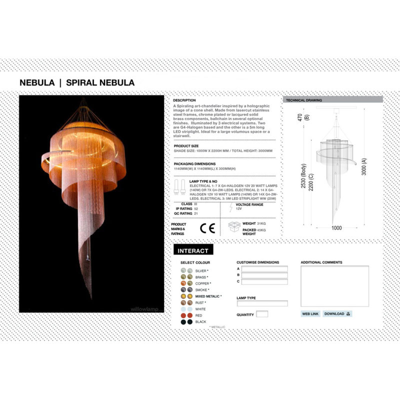 Lustre nébuleux spiralé en cristal clair, Bronze, H 126 po x l 40 po x P 40 po, Or français