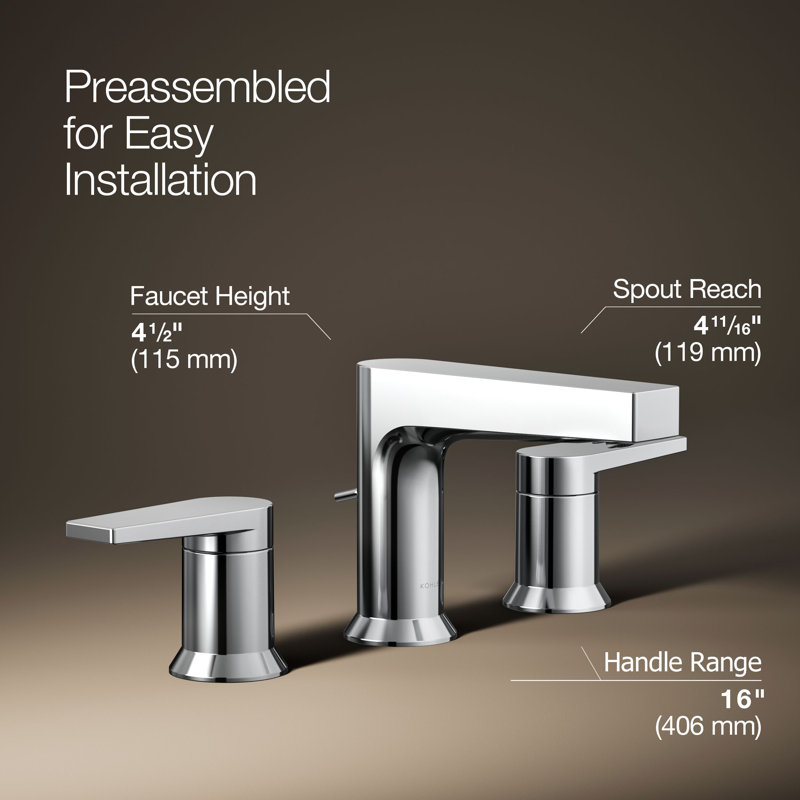 Kohler Taut Widespread Bathroom Faucet with Pop-Up Drain Assembly, 3 Hole 2-Handle Bathroom Sink Faucet, 1.2 gpm