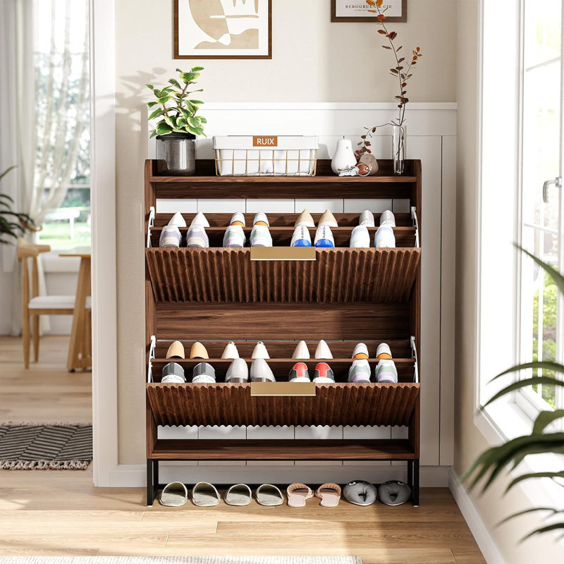31.5 Inch Wide Slatted 2 Flip Drawers Top With Baffle Shoe Cabinet, Walnut