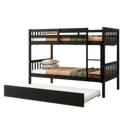 Twin Bunk Bed With Trundle, Rubber Wood Material, Convertible To Beds, Detachable For Family Use, Pull - Out Trundle Visitors, High Guardrails Fall Prevention, Easy Assembly Size Construction, Into