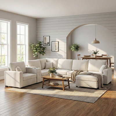 5-Seat Modular U-Shape Sectional Sofa With Chaise, Deep Seating, Cup Holders, Storage Drawer And Extra Pillows For Family Comfort.