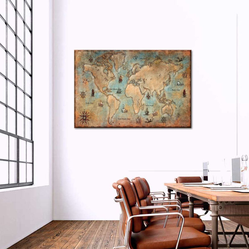 Carte du monde pirate sur toile, H 30 po x l 45 po