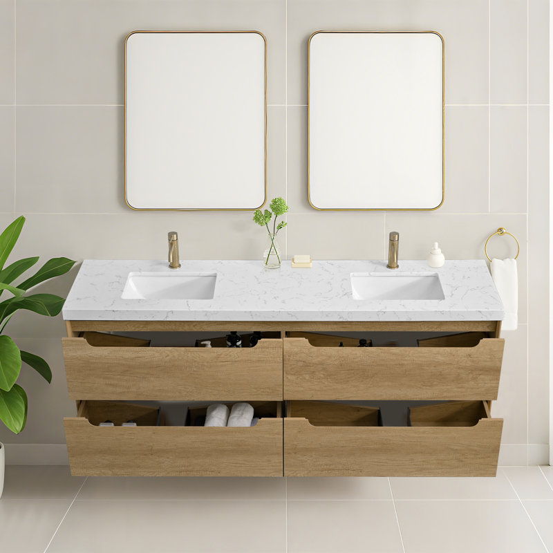 72'' Wall-mounted Double Bathroom Vanity With Engineered Stone Top