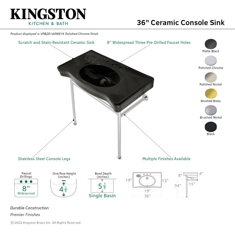 Kingston Brass Bristol 36-Inch Ceramic Console Sink with Stainless Steel Legs (8-Inch, 3-Hole), Black/Polished Nickel