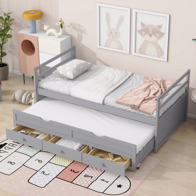 Twin Size Bed Frame With Headboard, Footboard, Trundle And Three With Storage Function Drawers, Twin Size Pine Wooden Frame Material Bed Frame With Headboard, Footboard
