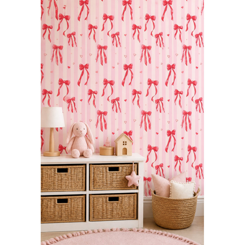 Papier peint à rayures roses, rubans, nœuds, cœurs, décoration murale amovible, Peel and Stick