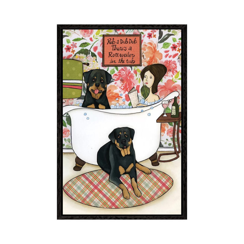 Rottweiler In The Tub by Jamie Morath - Print on Canvas, Black Floater Framed, 101.6cm H x 66.04cm W x 3.81cm D