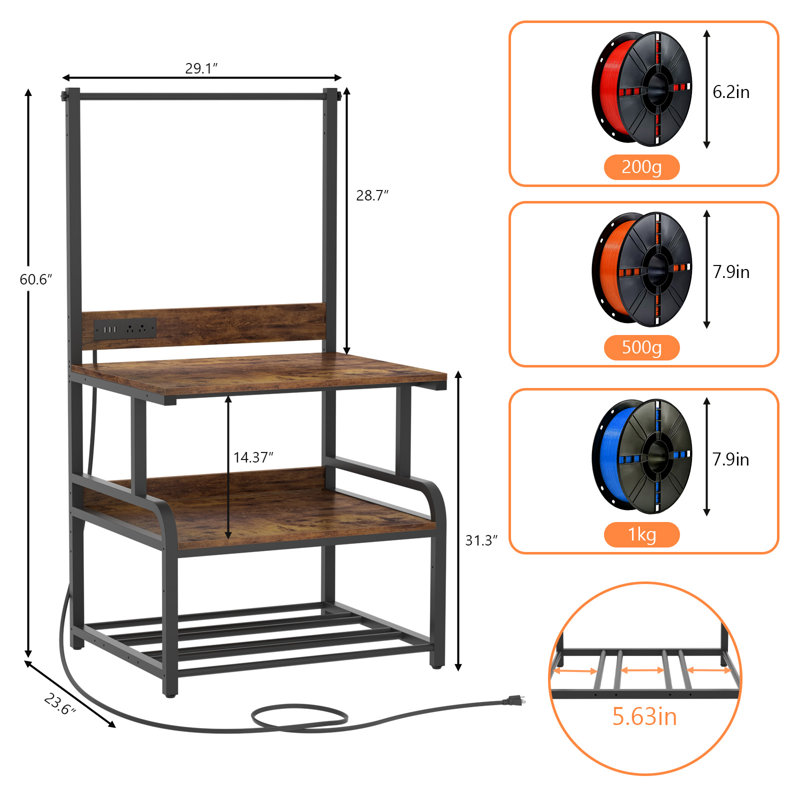 Support d'imprimante 3D avec rangement pour filament, table d'imprimante 3D robuste avec station de charge, Brun